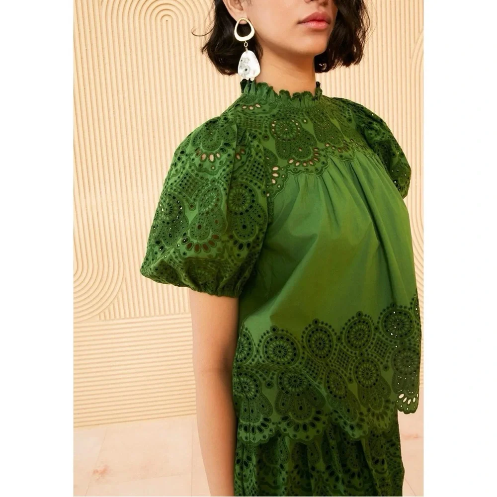 Ulla Johnson Mischa Top - Green Puff Sleeve Loose Fit Eyelet Cotton Blouse sz 2 - Picture 1 of 11
